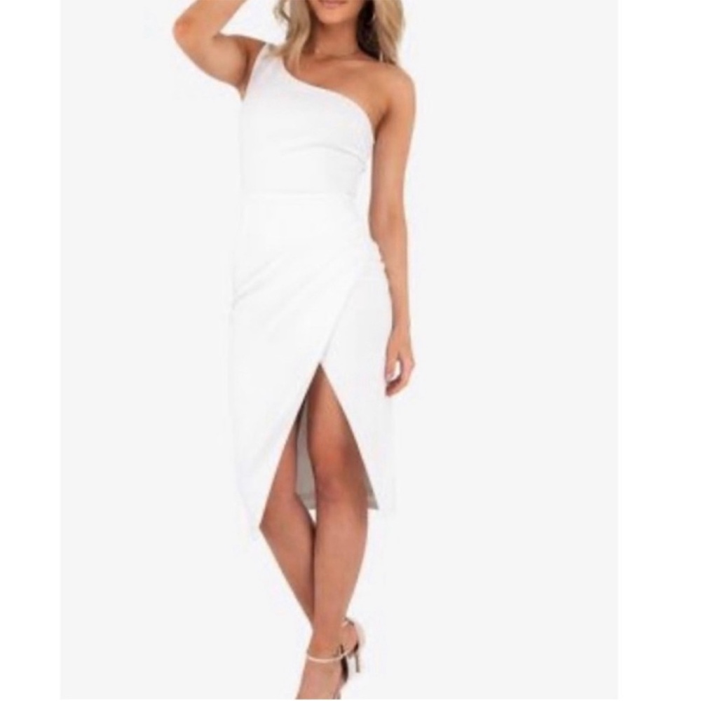 KITTENISH Harper One Shoulder White Midi Dress